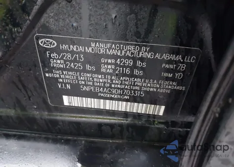 2013 Hyundai Sonata Gls из США, поврежденный, VIN 5NPEB4AC9DH703315